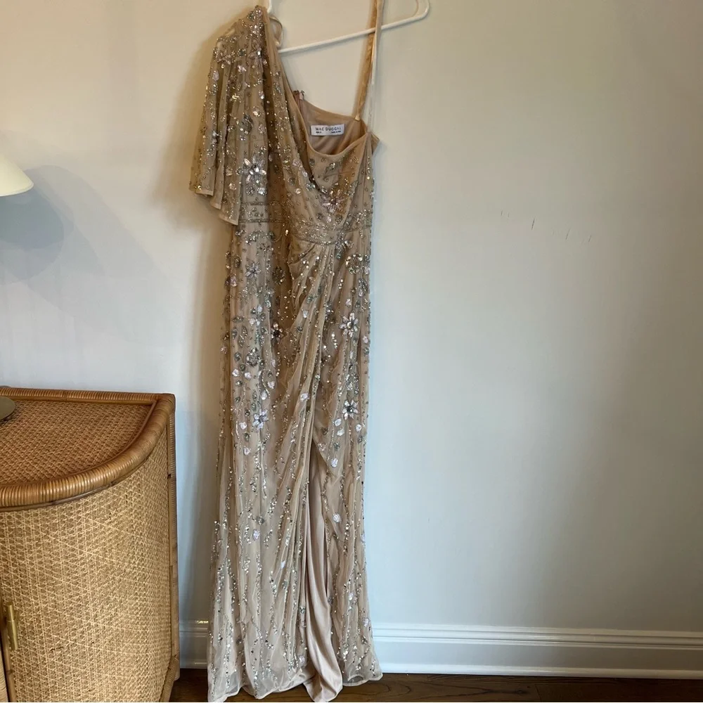 Mac Duggal Embellished One Shoulder Draped Maxi Gown Nude & Silver | Size 8 - Picture 4 of 16